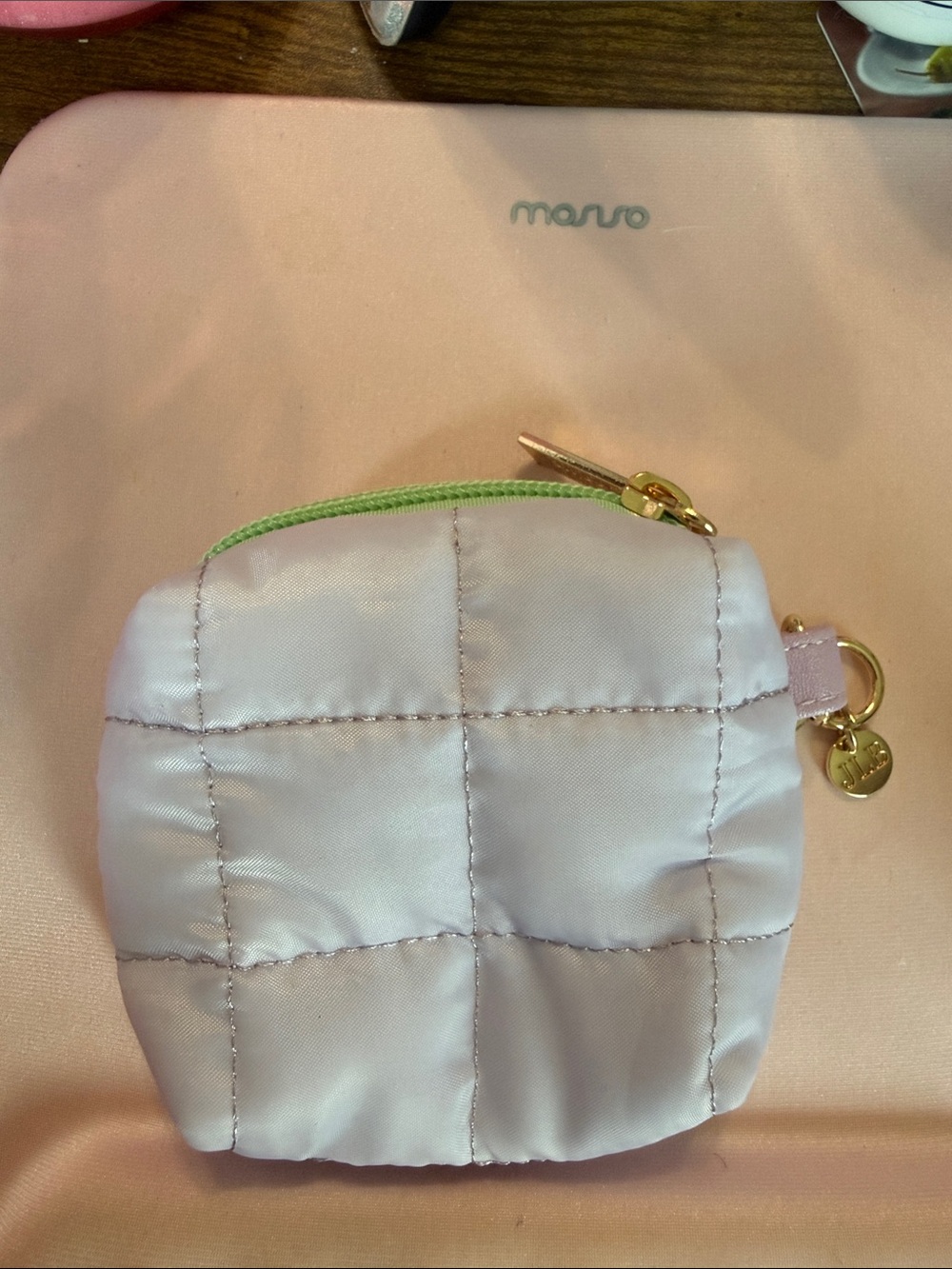Jadelynn Brooke Quilted Lilac ear Bud Pouch with Green Zipper and Gold Hardware